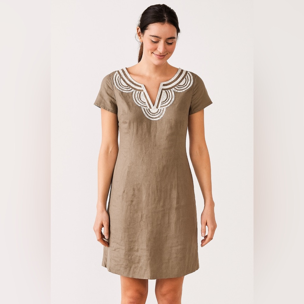 Boden Linen Dress Army Green Embroidered V-Neck Linen Size 8R ARC